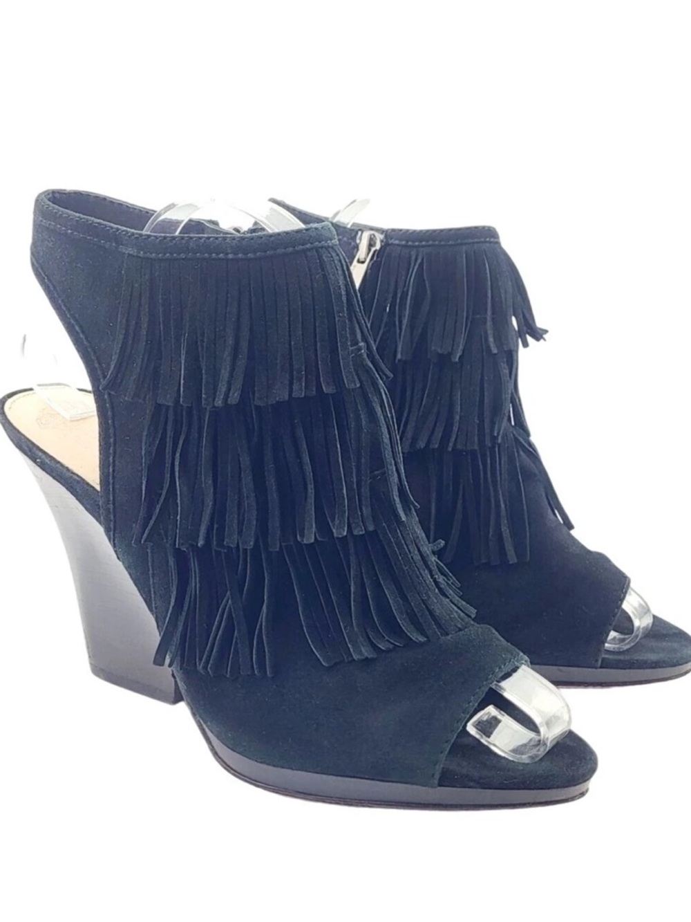 Vince Camuto Black Suede Fringe Peep-Toe Block Heel Booties